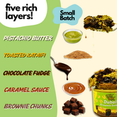Product packaging with layers of pistachio butter, toasted kataifi, chocolate fudge, caramel sauce, and brownie chunks, labeled 'Five Rich Layers'.